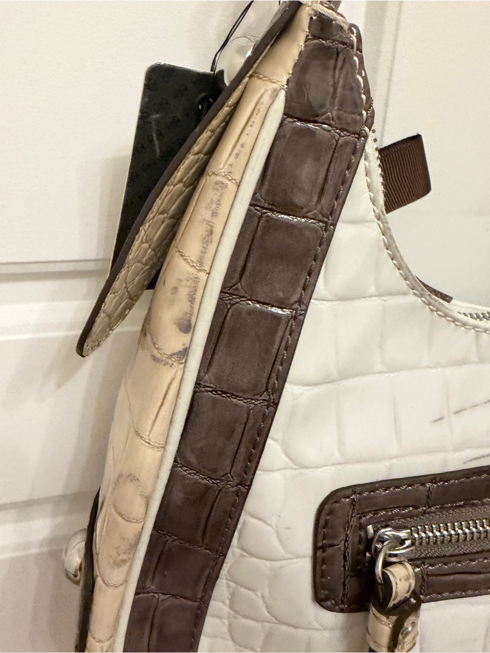 Guess Cream, Brown & Tan Croc-Embossed Shoulder Bag with Heart Plaque - Picture 4 of 7